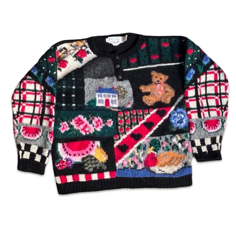 Vintage 1989 The Eagle’s Eye Patchwork Wool Sweater Cottage Folk Art Teddy Bear